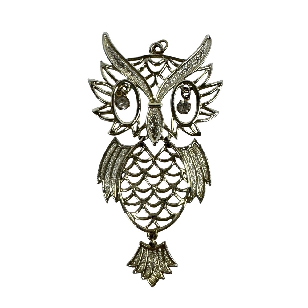 Gold Tone Articulated Owl Pendant Rhinestone Eyes Filigree Statement Bird‎ Boho